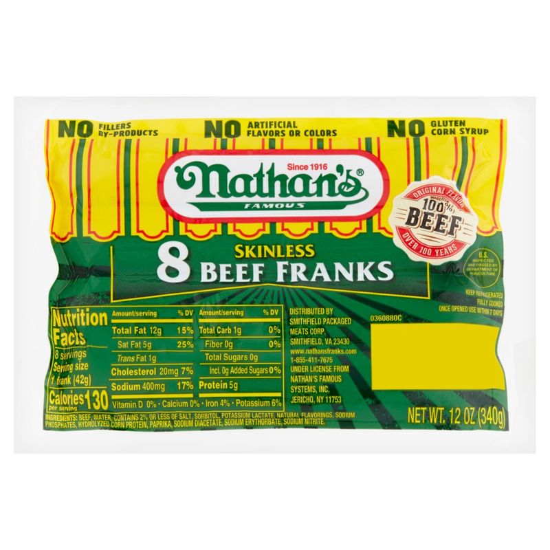 Nathan&#39;s Famous Skinless Beef Franks, 8 count, 12 oz