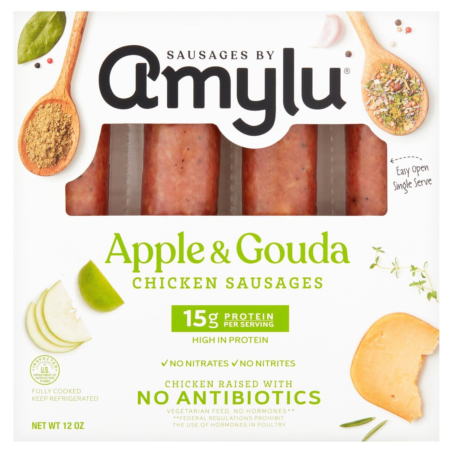 Amylu Apple &amp; Gouda Chicken Sausages, 12 oz