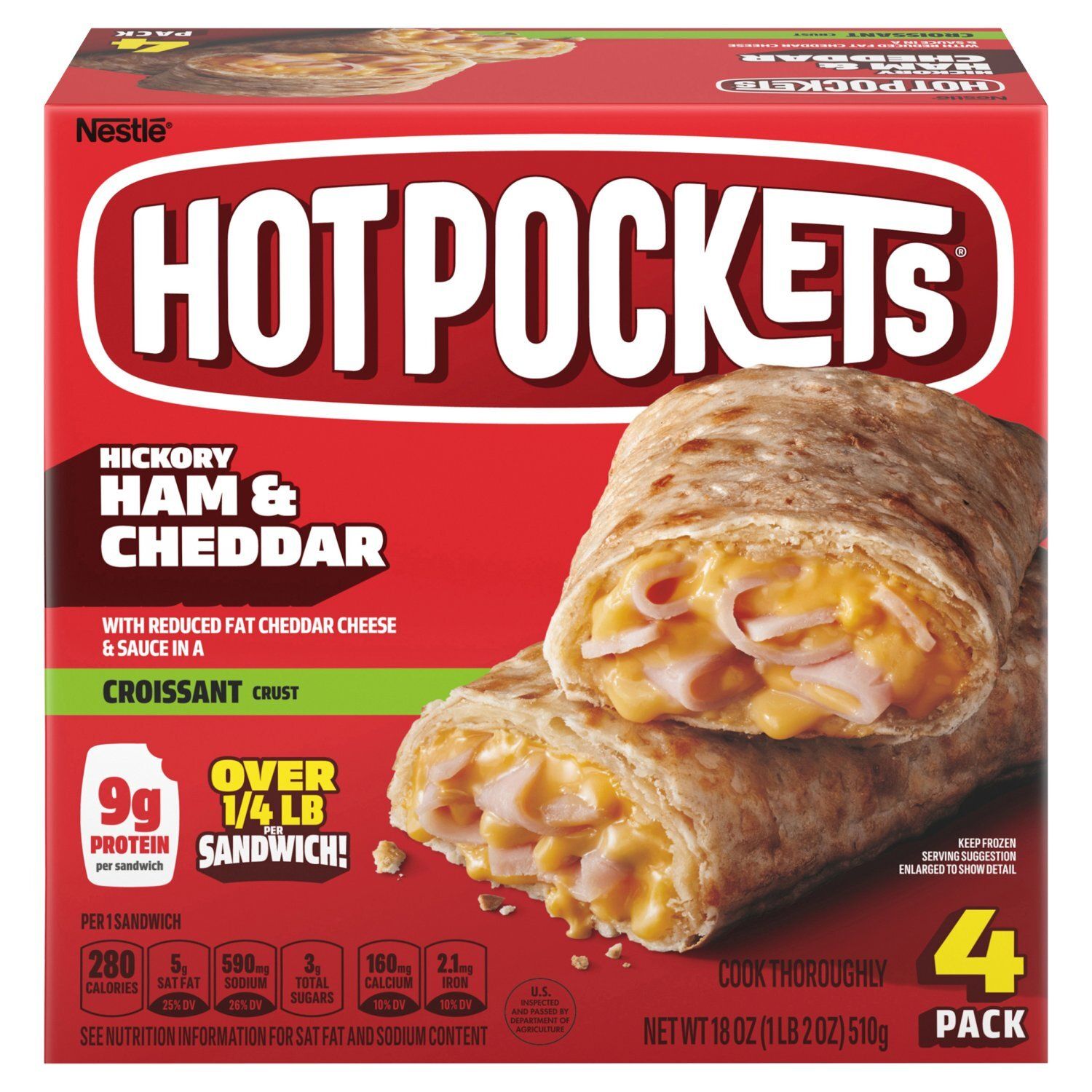 Hot Pockets Hickory Ham &amp; Cheddar Croissant Crust Sandwiches, 4 count, 18 oz