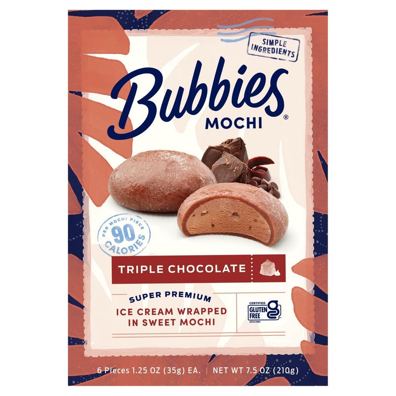 Bubbies Triple Chocolate Ice Cream Wrapped in Sweet Mochi, 1.25 oz, 6 count