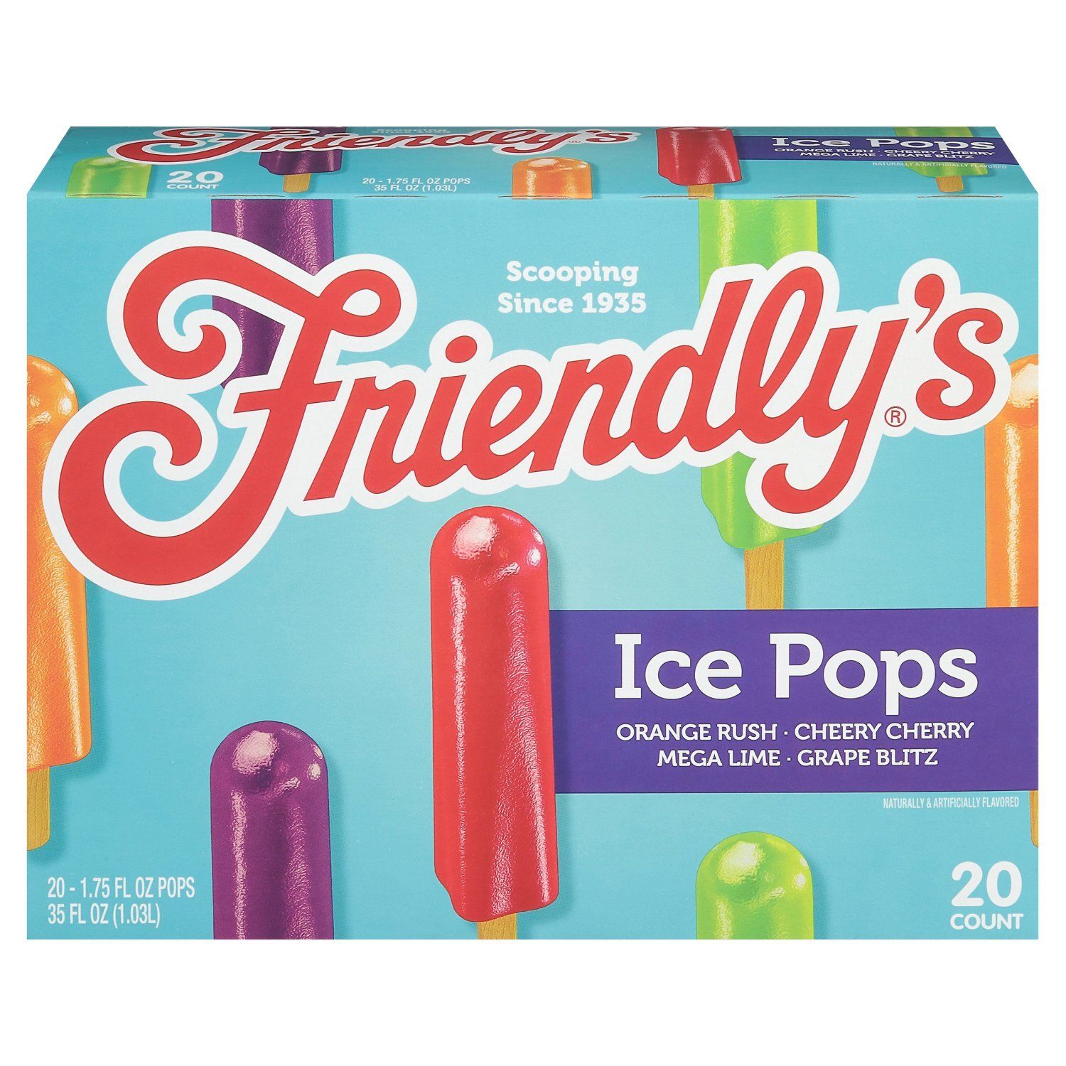 Friendly&#39;s Orange Rush, Cheery Cherry, Mega Lime, Grape Blitz Ice Pops, 1.75 fl oz, 20 count