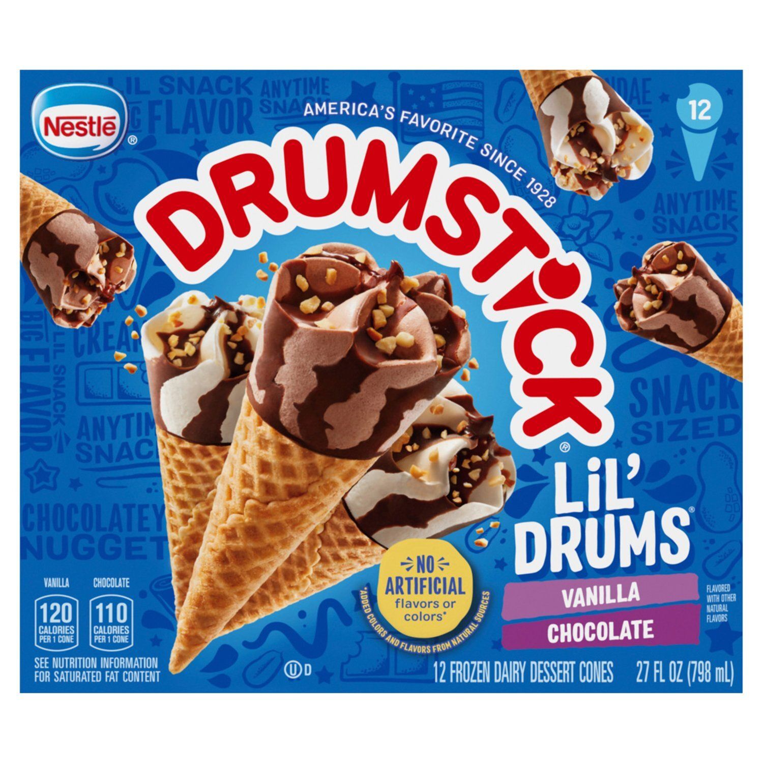 Nestlé Drumstick Lil&#39; Drums Vanilla and Chocolate Frozen Dairy Dessert Cones, 12 count, 27 fl oz