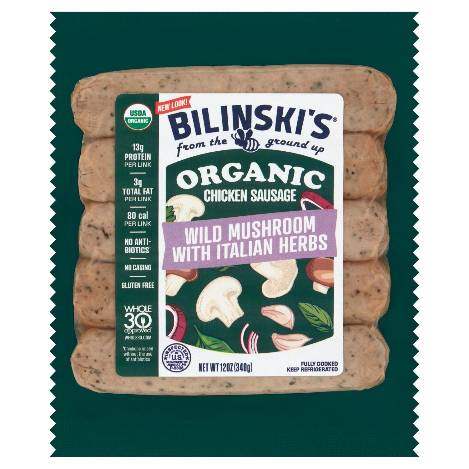 Bilinski&#39;s Organic Wild Mushroom with Italian Herbs Chicken Sausage, 12 oz