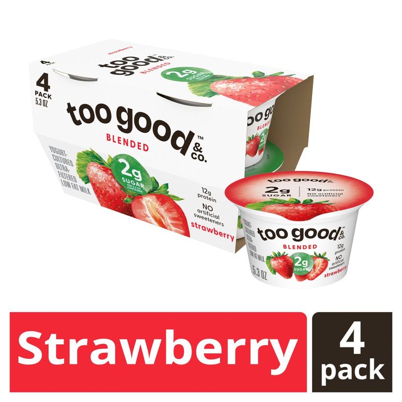 Too Good &amp; Co. Strawberry Blended Yogurt-Cultured Ultra-Filtered Low Fat Milk, 5.3 oz, 4 count