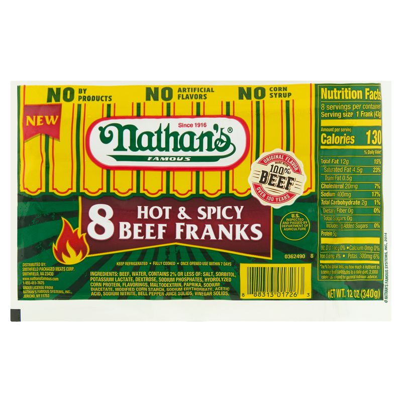 Nathan&#39;s Famous Hot &amp; Spicy Beef Franks, 8 count, 12 oz