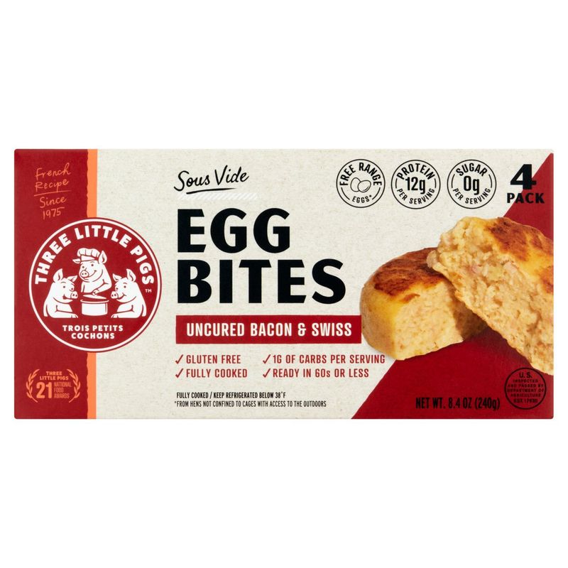 Three Little Pigs Sous Vide Uncured Bacon &amp; Swiss Egg Bites, 4 count, 8.4 oz