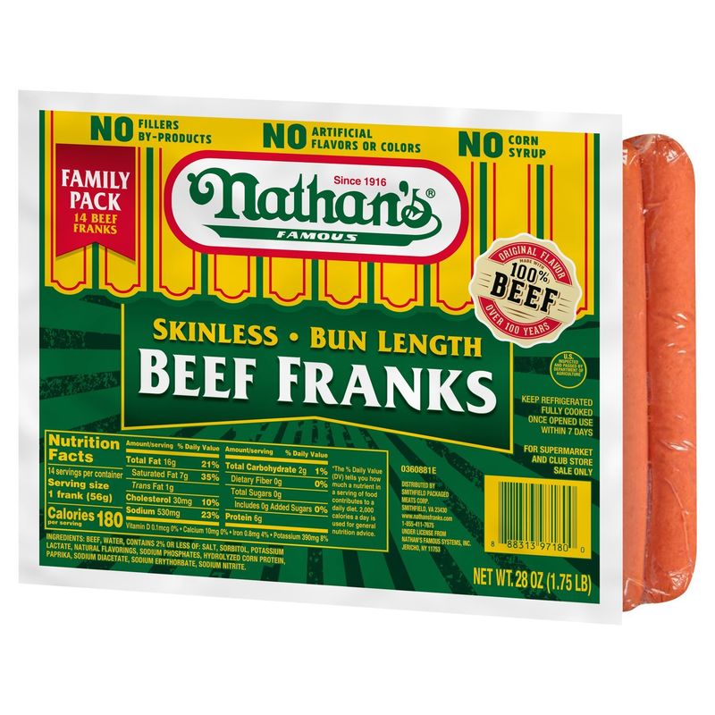 Nathan's Famous Skinless Bun Length Beef Franks Family Pack, 14 count, 28 oz