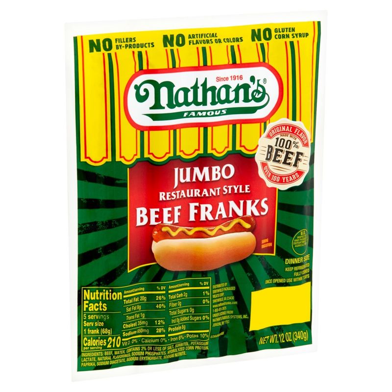 Nathan's Famous Jumbo Restaurant Style Beef Franks Dinner Size, 12 oz