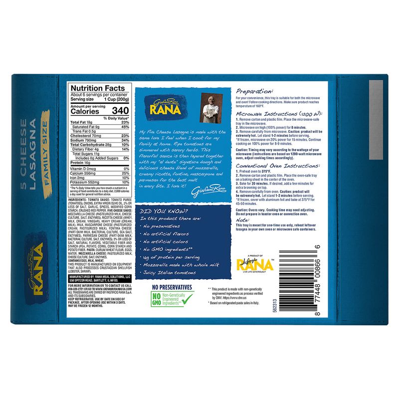 Giovanni Rana 5 Cheese Lasanga Family Size, 40 oz