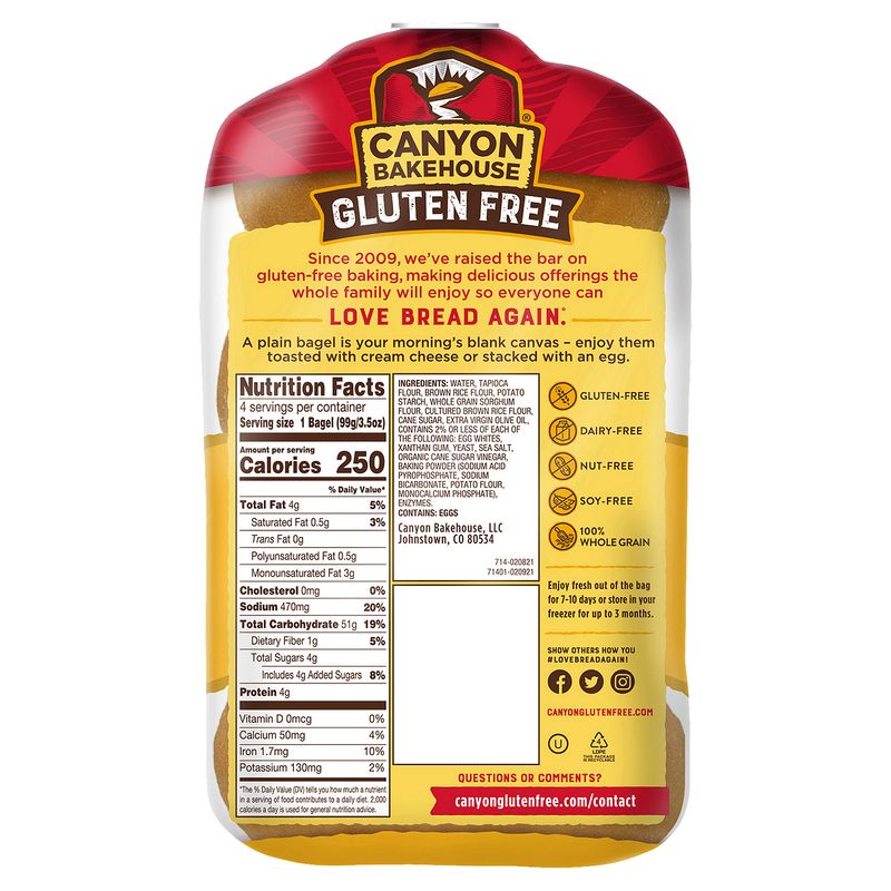 Canyon Bakehouse Gluten Free Plain 100% Whole Grain Bagels, 4 count, 14 oz