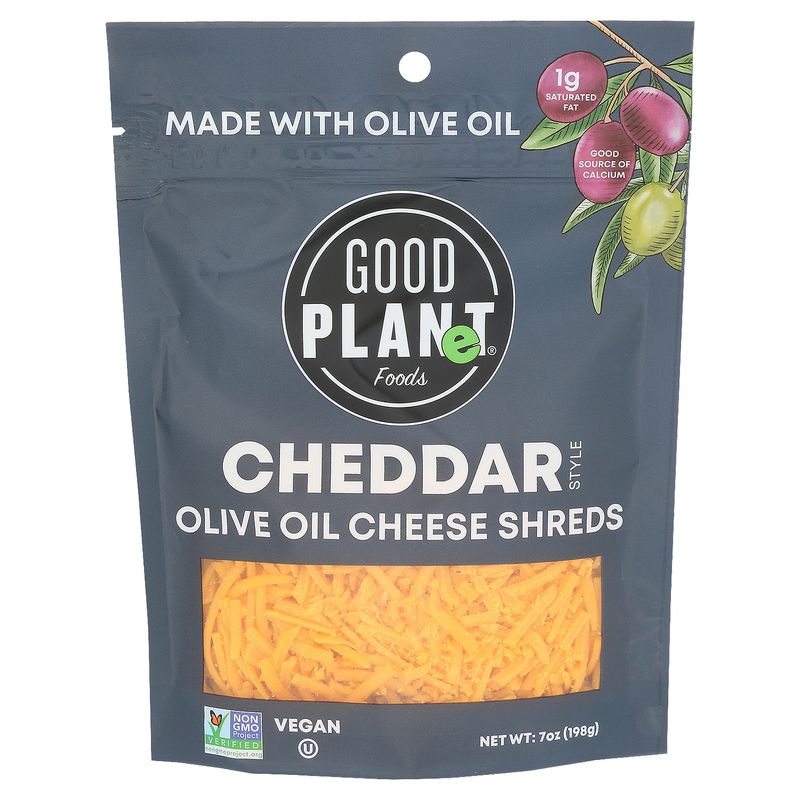 Good Planet Foods Cheddar Style Olive Oil Cheese Shreds, 7 oz