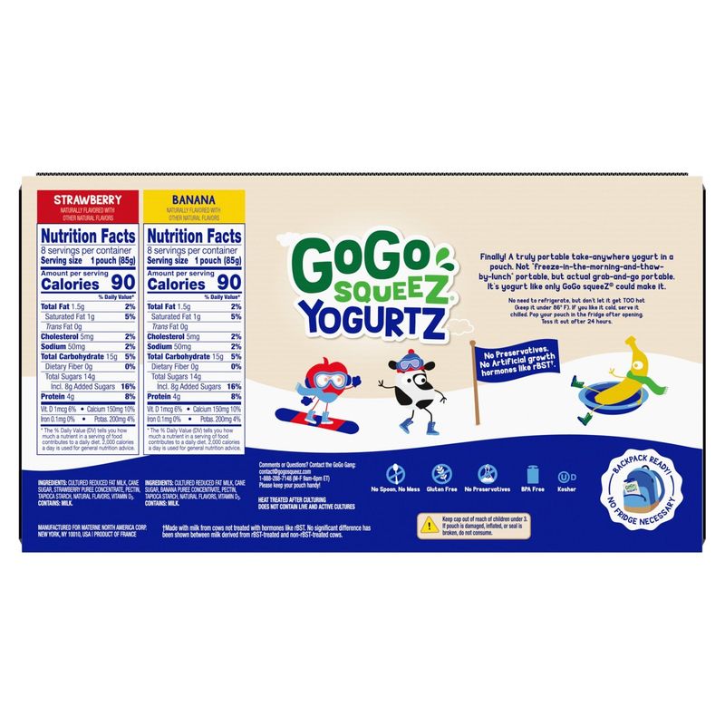 Gogo Squeez Yogurtz Strawberry and Banana Low Fat Yogurt Variety Pack, 3 oz, 16 count