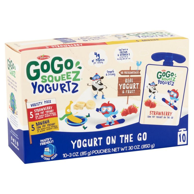 Gogo Squeez Yogurtz Banana and Strawberry Low Fat Yogurt Variety Pack, 3 oz, 10 count