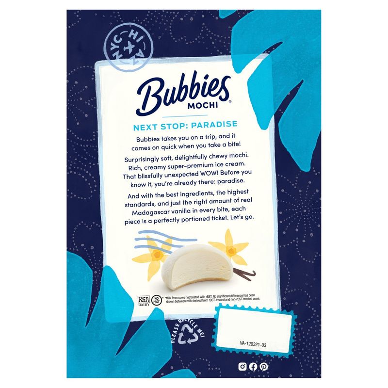 Bubbies Madagascar Vanilla Ice Cream Wrapped in Sweet Mochi, 1.25 oz, 6 count