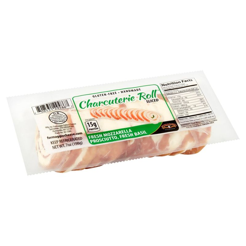 Formaggio Sliced Fresh Mozzarella Prosciutto, Fresh Basil Charcuterie Roll, 7 oz
