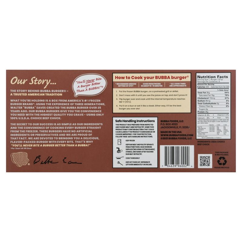 Bubba Burger Original Beef Burgers, 1/3 pound, 6 count