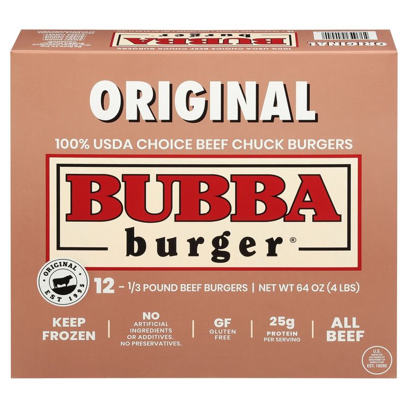 Bubba Burger Original 100% USDA Choice Beef Chuck Burgers, 1/3 pound, 12 count