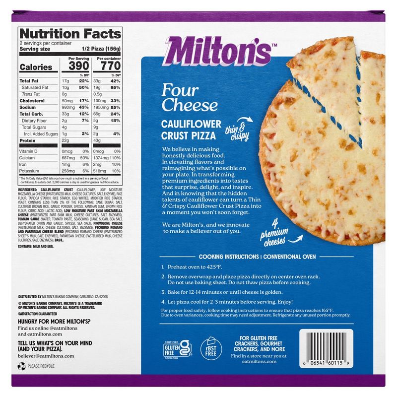 Milton's Four Cheese Cauliflower Crust Pizza, 11 oz