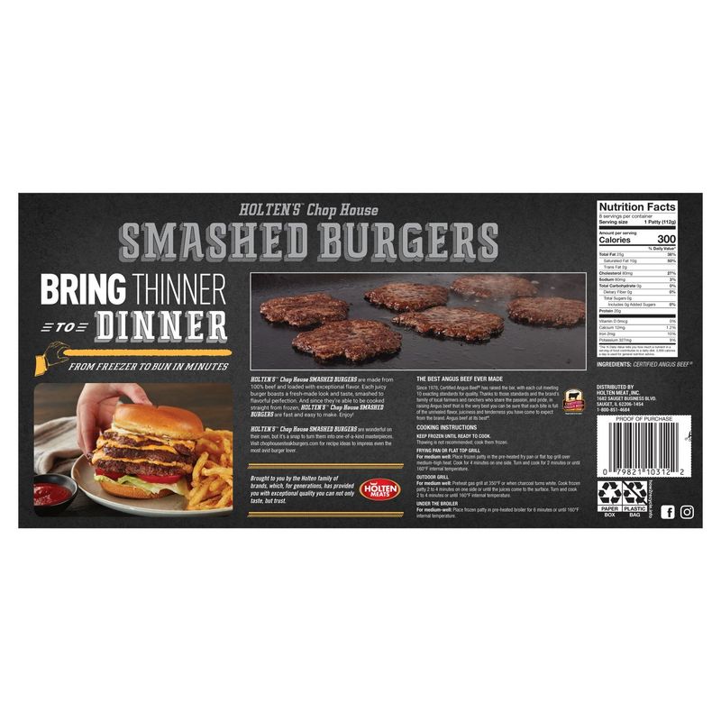 Holten's Chop House Smashed Burgers Beef Patties, 4 oz, 8 count