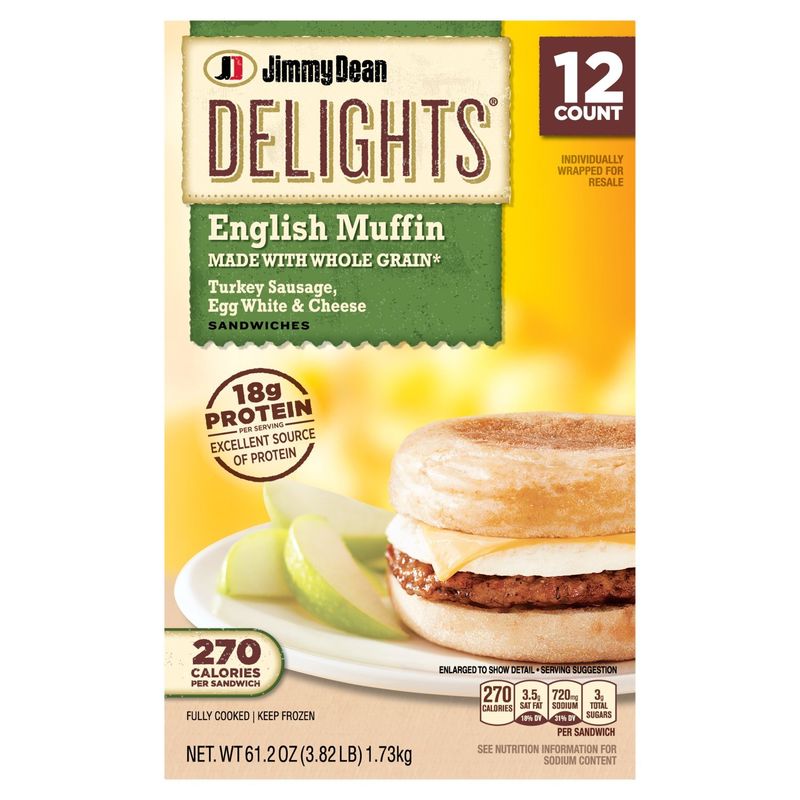 Jimmy Dean Delights English Muffin Turkey Sausage Egg White &amp; Cheese Sandwiches, 12 count, 61.2 oz