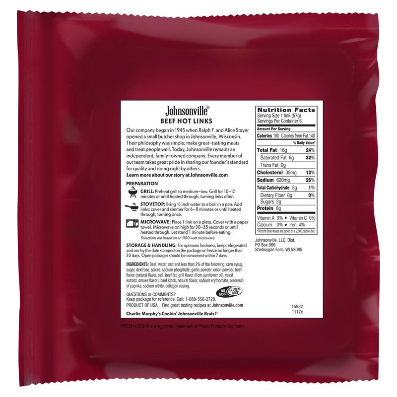 Johnsonville Beef Hot Links Smoked Sausage, 6 count, 12 oz