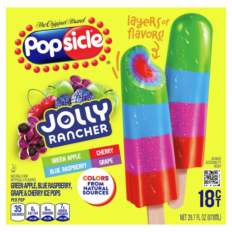 Popsicle Jolly Rancher Green Apple Blue Raspberry Cherry Grape Ice Pops, 18 count, 29.7 fl oz