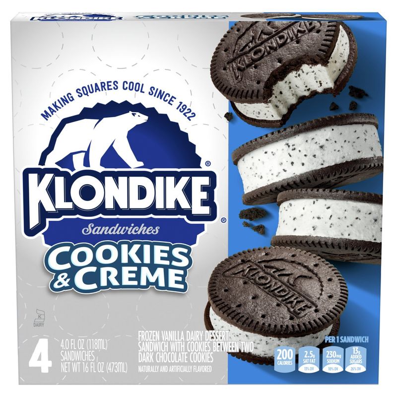 Klondike Frozen Vanilla Dairy Dessert Sandwiches Cookies and Creme 4.0 fl oz, 4 Count