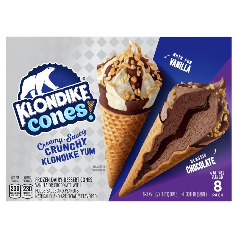 Klondike Nuts for Vanilla and Classic Chocolate Frozen Dairy Dessert Cones, 3.75 fl oz, 8 count