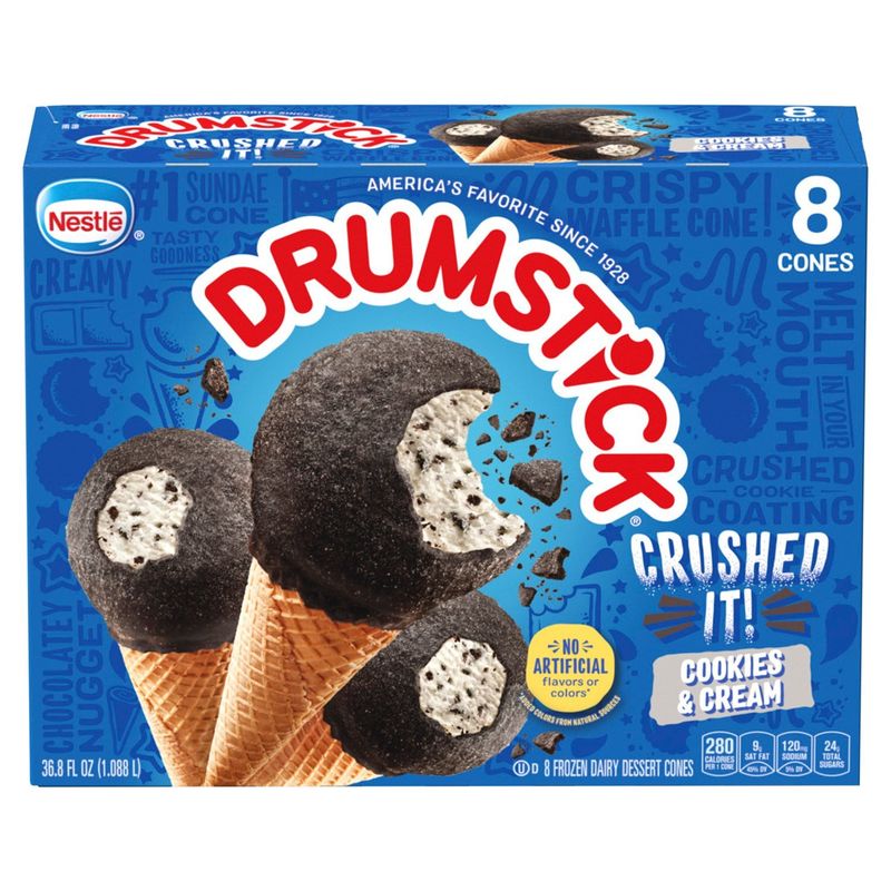 Nestlé Drumstick Crushed It! Cookies &amp; Cream Frozen Dairy Dessert Cones, 8 count, 36.8 fl oz