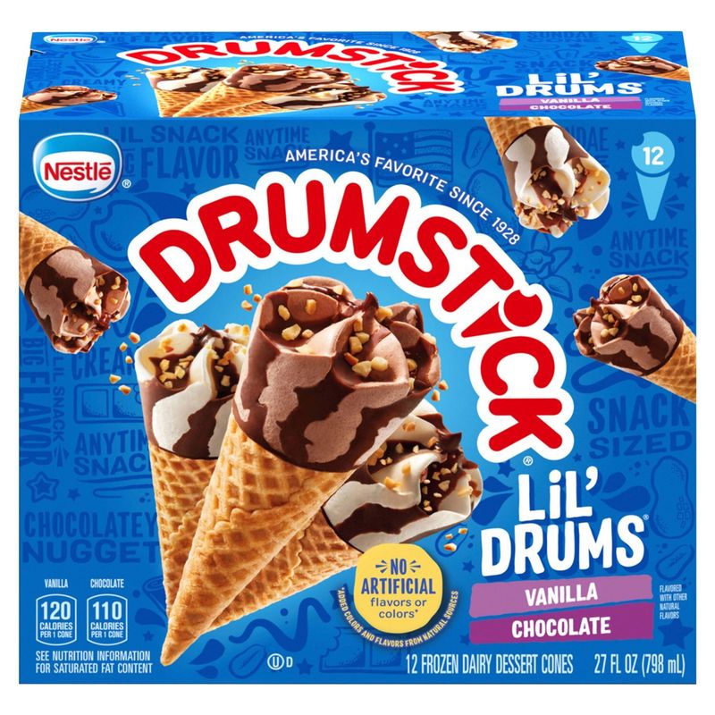 Nestlé Drumstick Lil' Drums Vanilla and Chocolate Frozen Dairy Dessert Cones, 12 count, 27 fl oz
