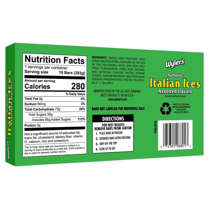Wyler's Authentic Italian Ices Assorted Flavors Freeze and Serve Bars, 1 oz, 10 count