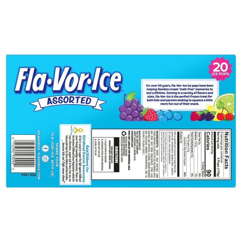 Fla-Vor-Ice Assorted 6 Fruity Flavors Ice Pops, 1.5 oz, 20 count