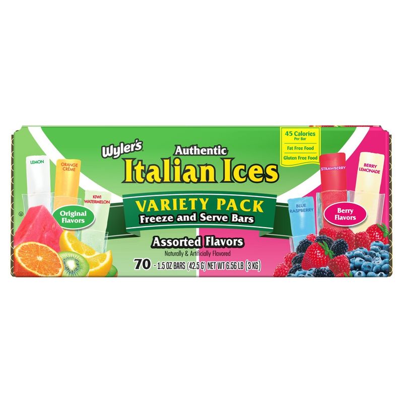 Wyler's Authentic Italian Ices Assorted Flavors Bars Variety Pack, 1.5 oz, 70 count
