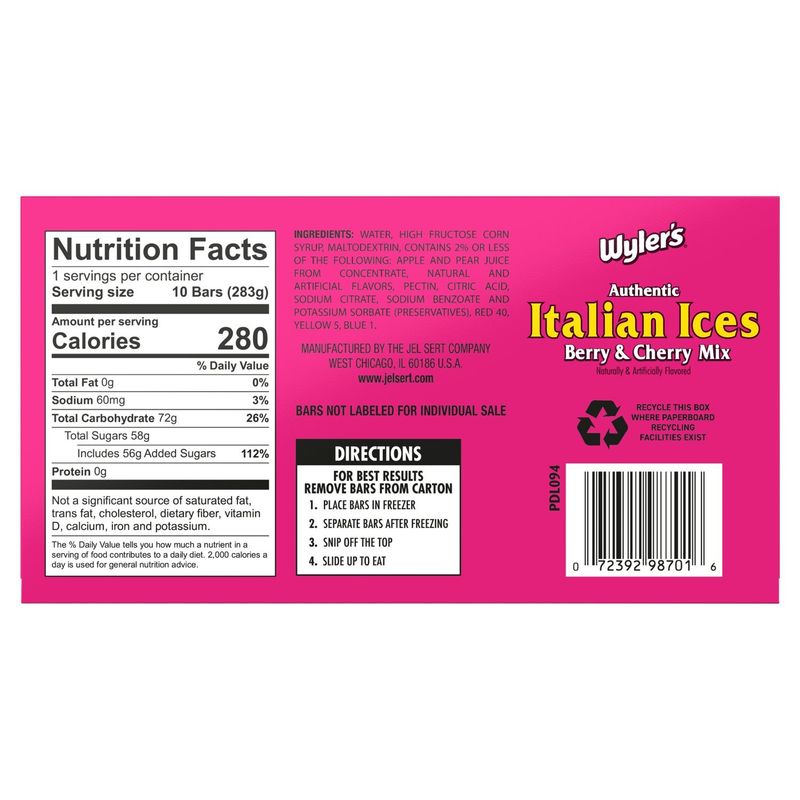 Wyler's Authentic Italian Ices Berry &amp; Cherry Mix Freeze and Serve Bars, 1 oz, 10 count