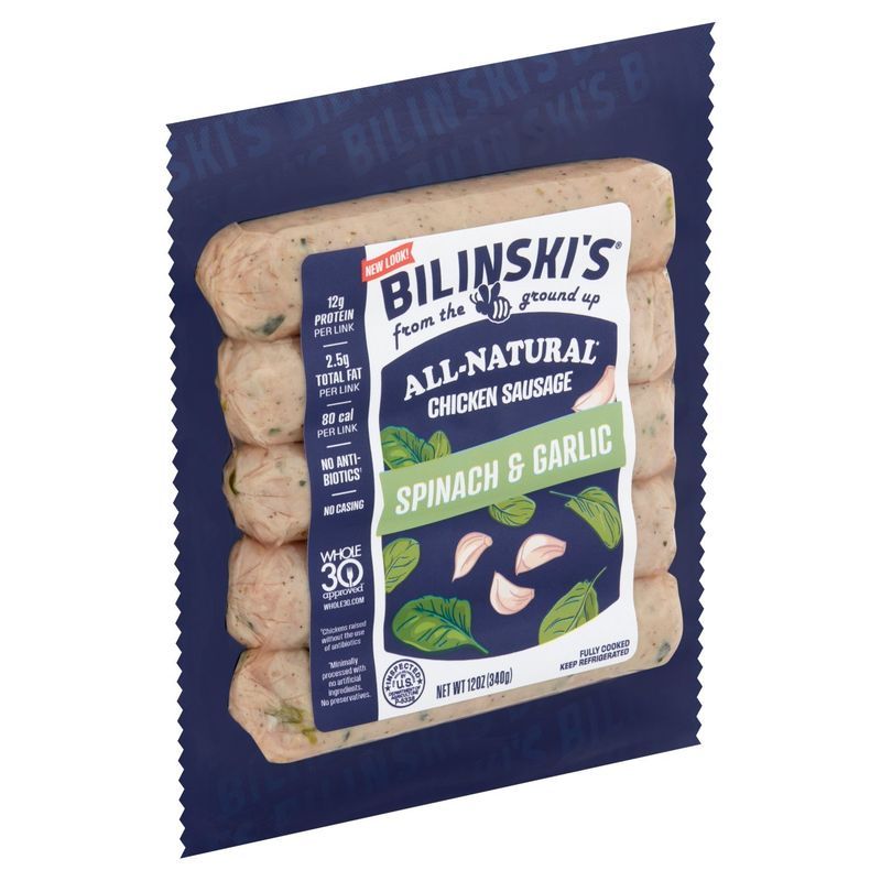 Bilinski's All-Natural Spinach &amp; Garlic Chicken Sausage, 12 oz