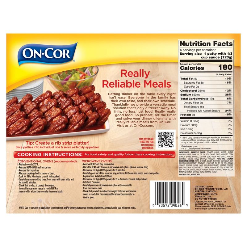 On-Cor Barbecue Sauce &amp; Boneless Rib Shaped Patties, 6 count, 26 oz