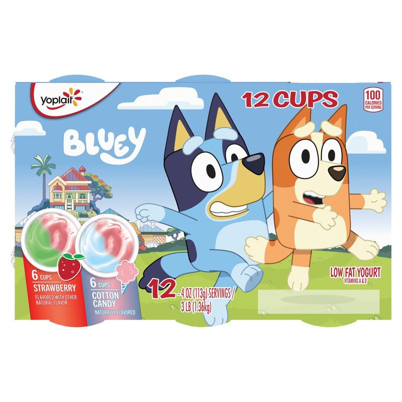 Yoplait Bluey Strawberry, Cotton Candy Low Fat Yogurt, 4 oz, 12 count