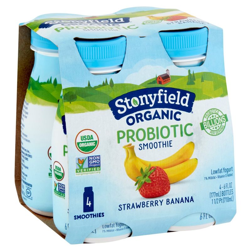 Stonyfield Organic Probiotic Strawberry Banana Smoothie Lowfat Yogurt, 6 fl oz, 4 count