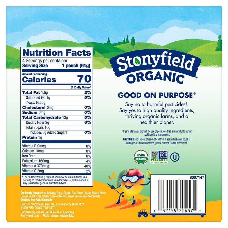 Stonyfield Organic Tropical Twist Dairy Free Fruit &amp; Veggie Blend, 3.2 oz, 4 count