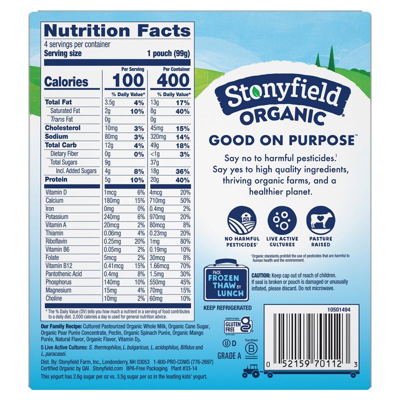 Stonyfield Organic Pear Spinach Mango Whole Milk Yogurt, 3.5 oz, 4 count