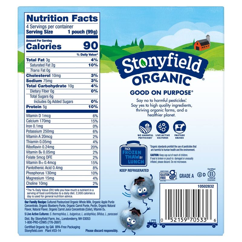 Stonyfield Organic Zero G Added Sugar Blueberry Apple Carrot Whole Milk Yogurt, 3.5 oz, 4 count