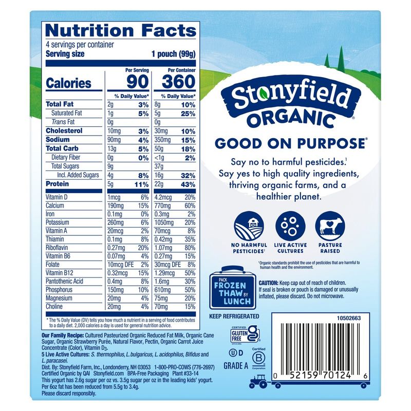 Stonyfield Organic Strawberry with Real Fruit Reduced Fat Yogurt, 3.5 oz, 4 count