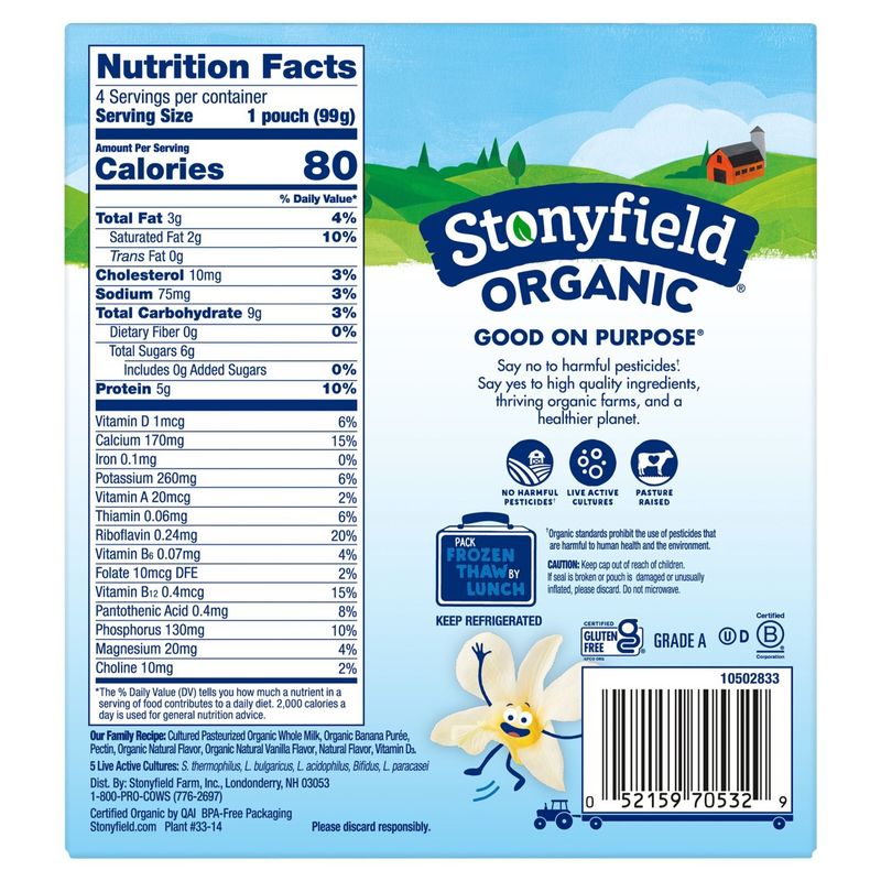 Stonyfield Organic Zero G Added Sugar Banilla Whole Milk Yogurt, 3.5 oz, 4 count