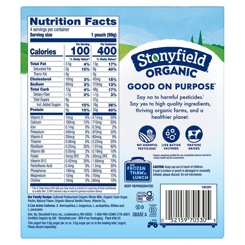 Stonyfield Organic Vanilla Whole Milk Yogurt, 3.5 oz, 4 count