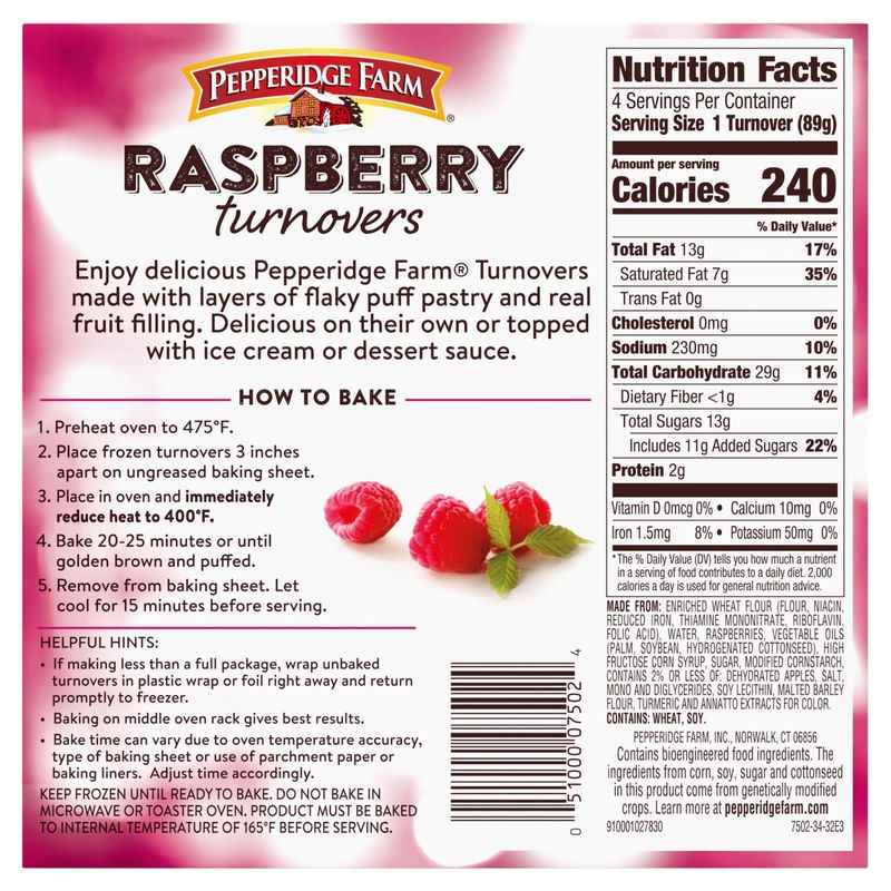 Pepperidge Farm Raspberry Turnovers, 4 count, 12.5 oz