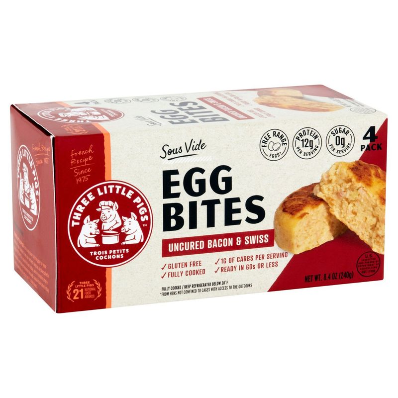 Three Little Pigs Sous Vide Uncured Bacon &amp; Swiss Egg Bites, 4 count, 8.4 oz