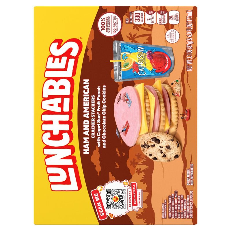 Lunchables Ham and American Cracker Stackers with Capri Sun Fruit Punch and Chocolate Chip Cookies