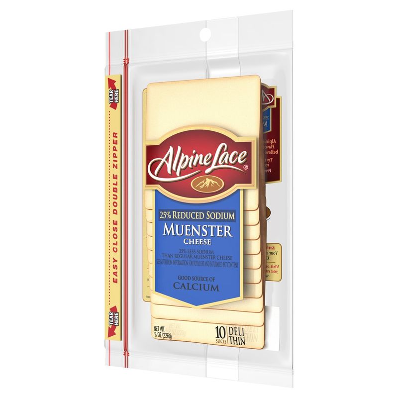 Alpine Lace 25% Reduced Sodium Muenster Cheese Packaged Slices, 8oz 10 Slices