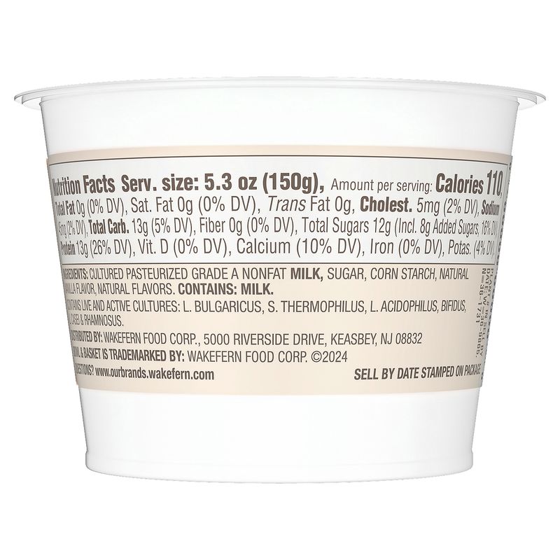 Bowl &amp; Basket Greek Vanilla Nonfat Yogurt, 5.3 oz