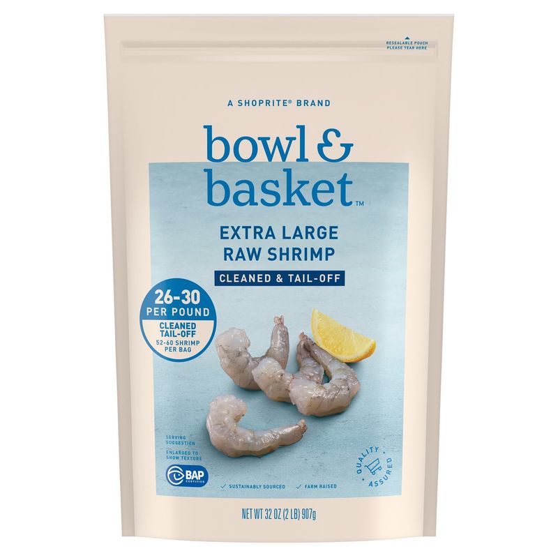 Bowl &amp; Basket Raw Shrimp, Cleaned and Tail-Off, Extra Large, 26-30 shrimp per pound, 32 oz